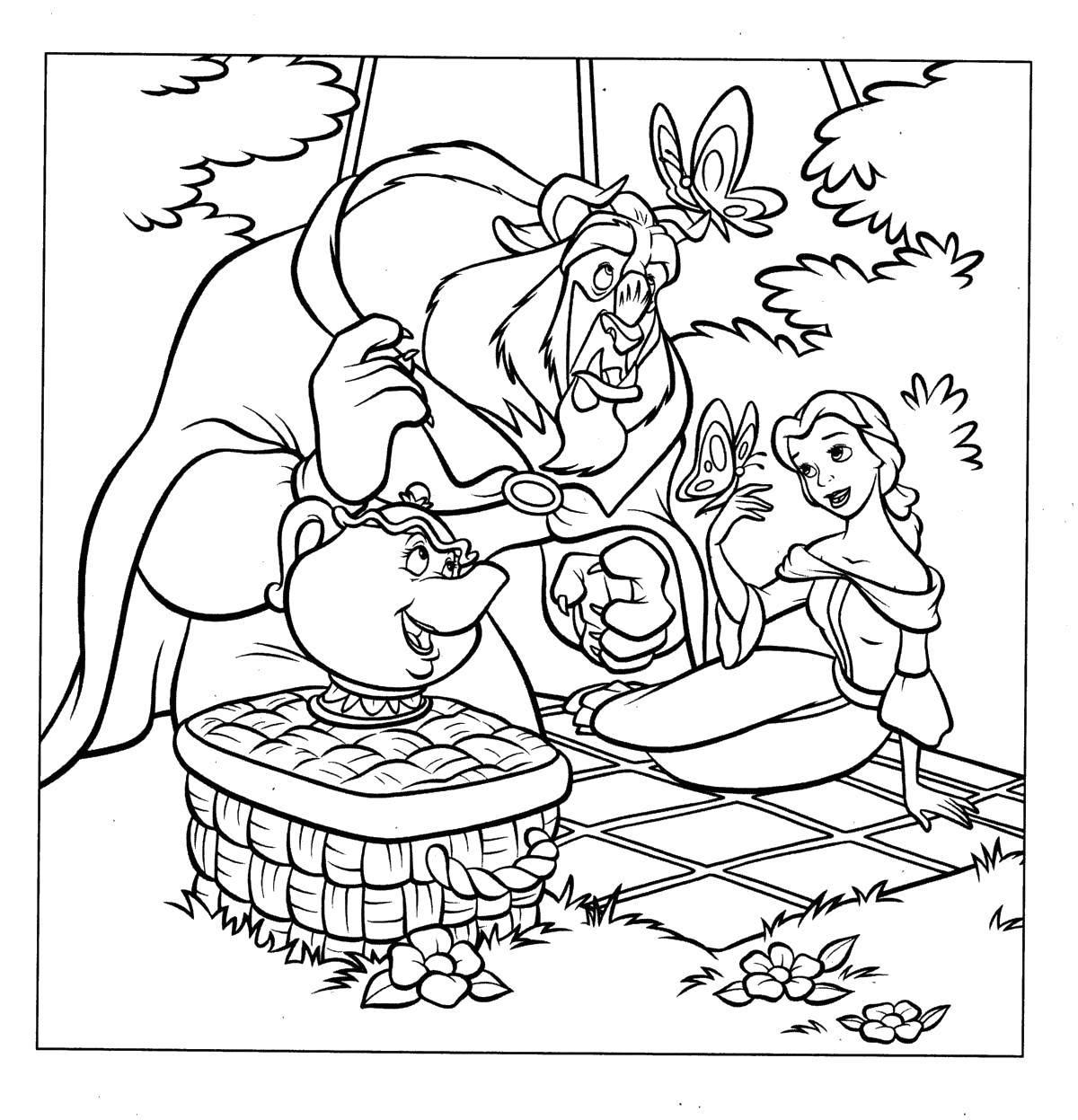 Coloring Beauty and the beast on picnic. Category Disney coloring pages. Tags:  Beauty and the Beast, Disney.