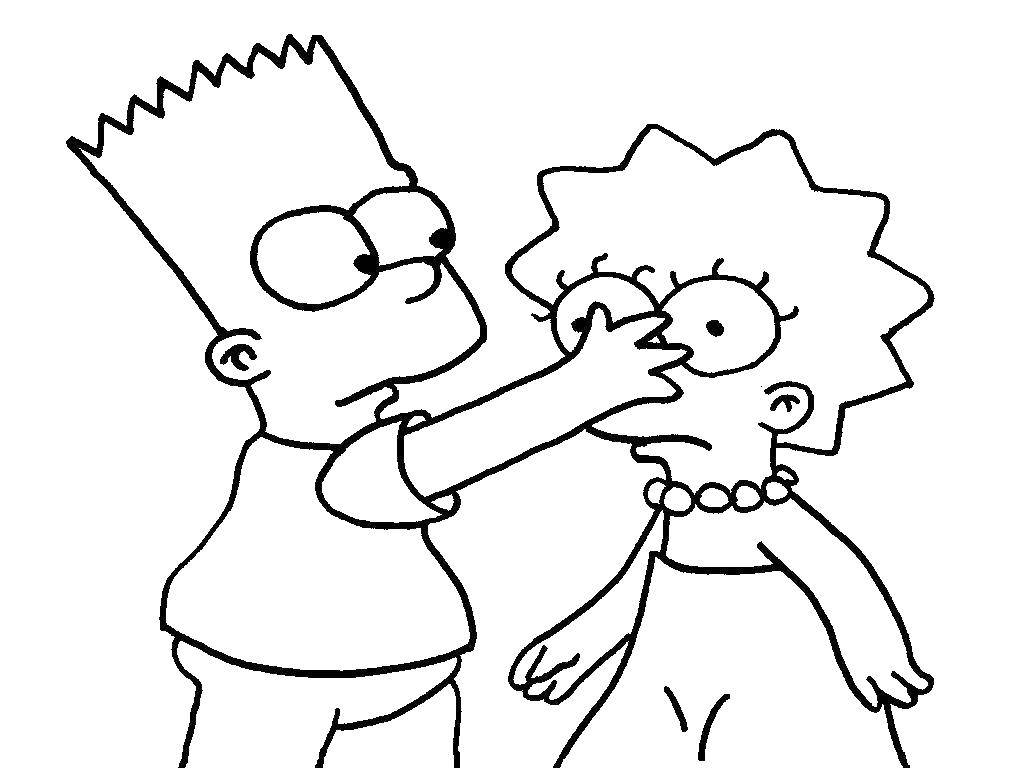 Название: Раскраска Барт дерется с лизой. Категория: мультфильмы. Теги: Персонаж из мультфильма, Симпсоны.