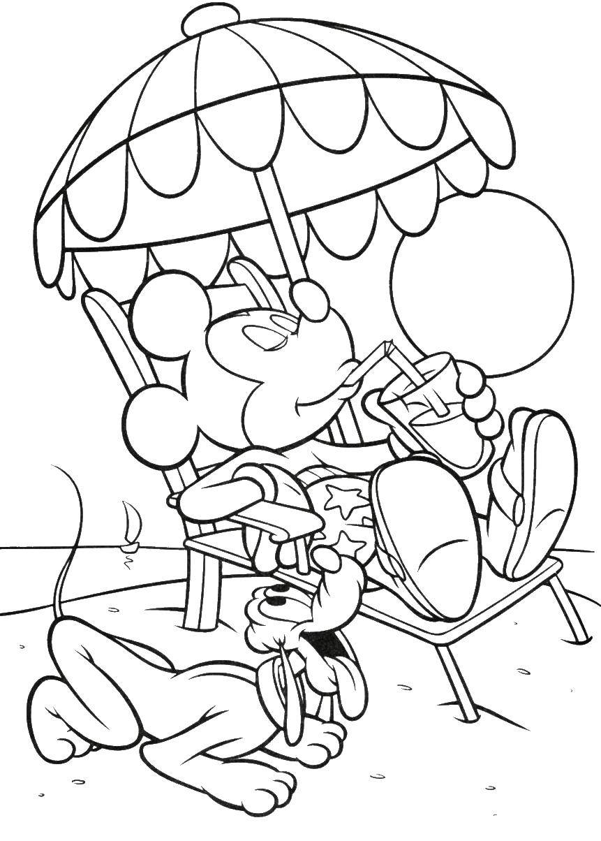 Coloring Mickey mouse and Pluto on the beach. Category cartoons. Tags:  Disney, Mickey Mouse, Pluto.
