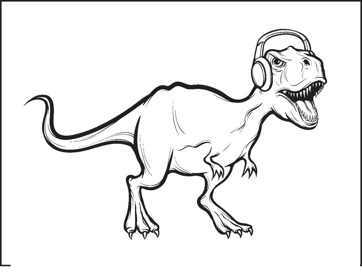 Розмальовки  Тиранозавр рекс в навушниках. Завантажити розмальовку Динозаври.  Роздрукувати ,динозавр,