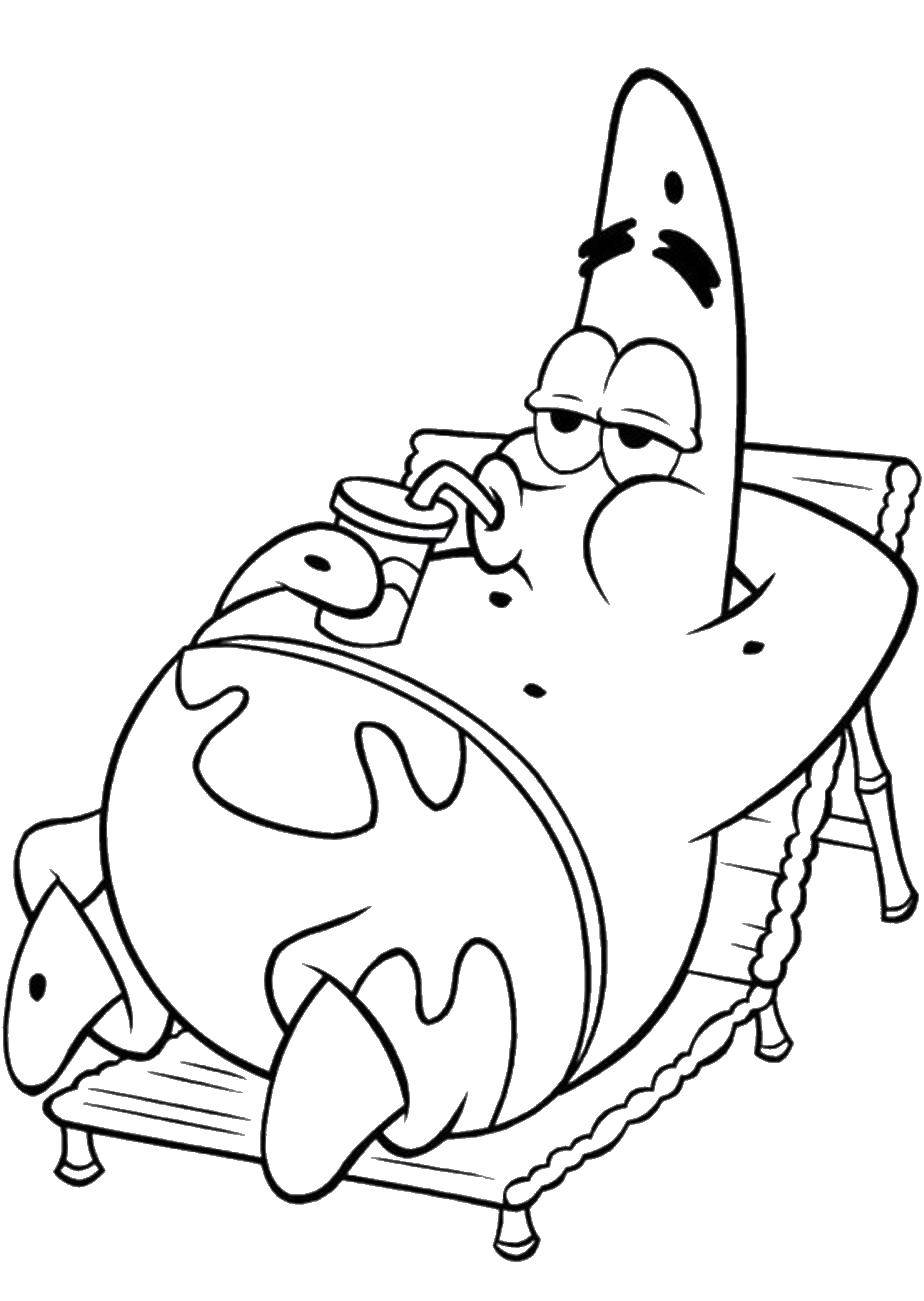 Название: Раскраска Патрик пьет сок на пляже. Категория: мультфильмы. Теги: Персонаж из мультфильма, Спанч Боб, Губка Боб, Патрик.