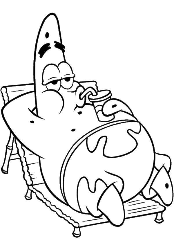 Coloring Patrick drinking juice on the beach. Category cartoons. Tags:  Cartoon character, spongebob, spongebob, Patrick.