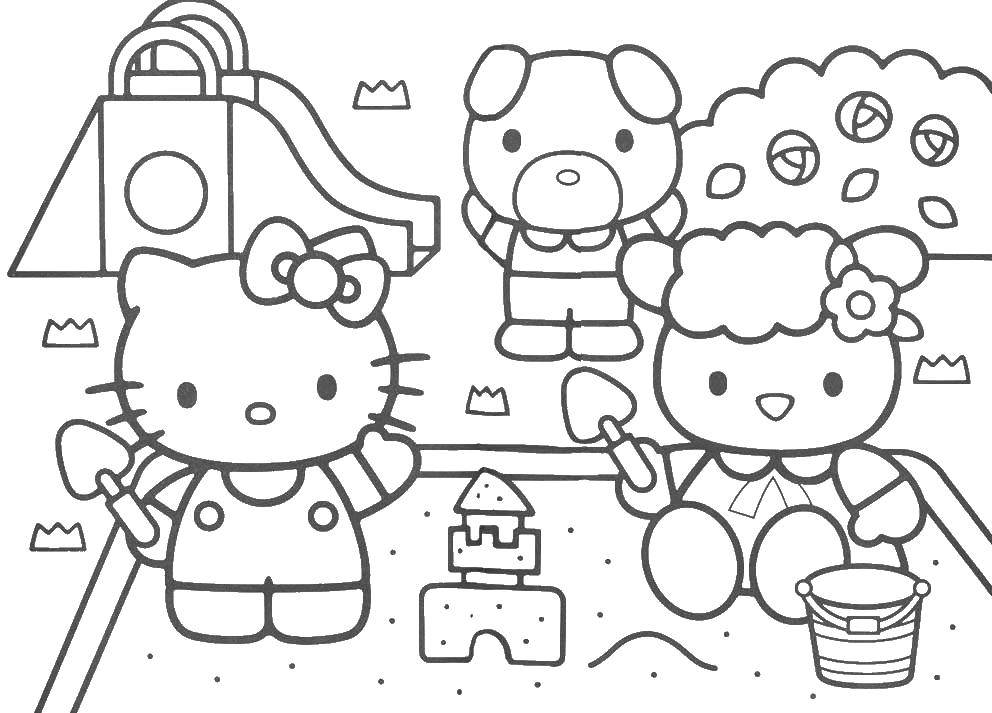 Coloring Kitty friends playing in the sandbox. Category coloring for little ones. Tags:  Kitty .