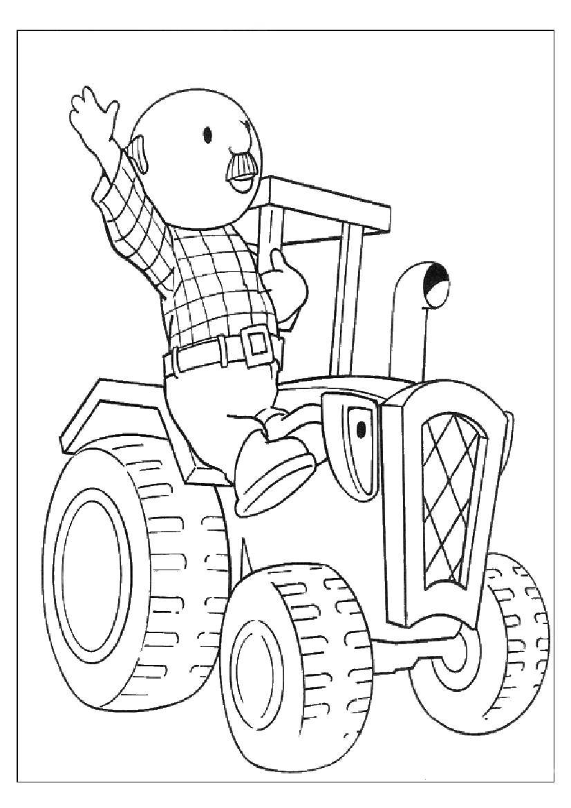 Название: Раскраска Человек на тракторе. Категория: мультфильмы. Теги: Трактор, человек.