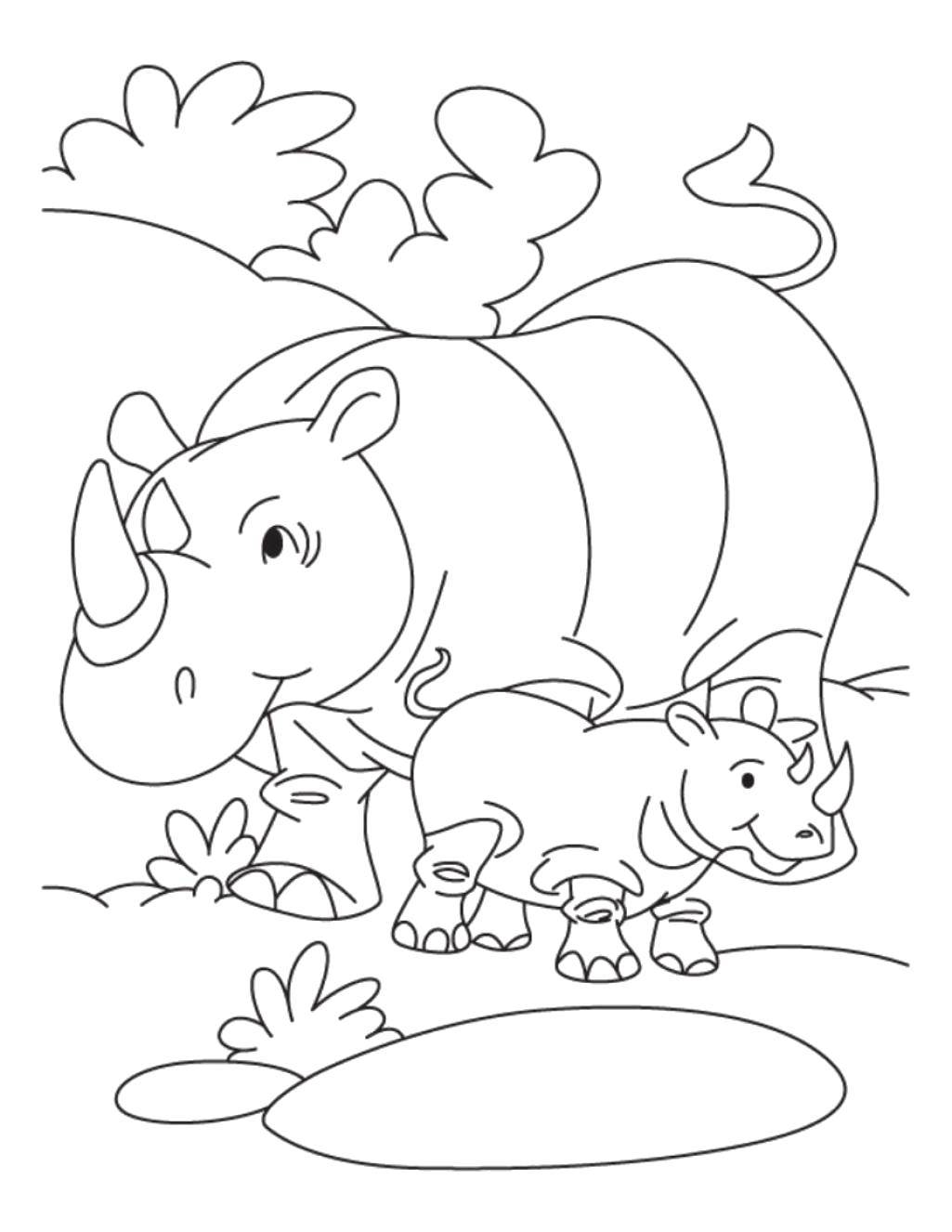 Название: Раскраска Мама носорог с детёнышем. Категория: Животные. Теги: Животные, носорог.