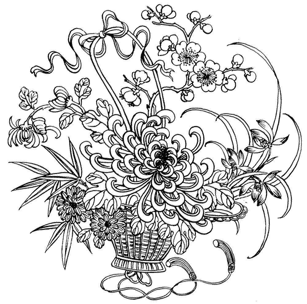 Название: Раскраска Красивая корзина с цветами. Категория: цветы. Теги: Цветы, букет.