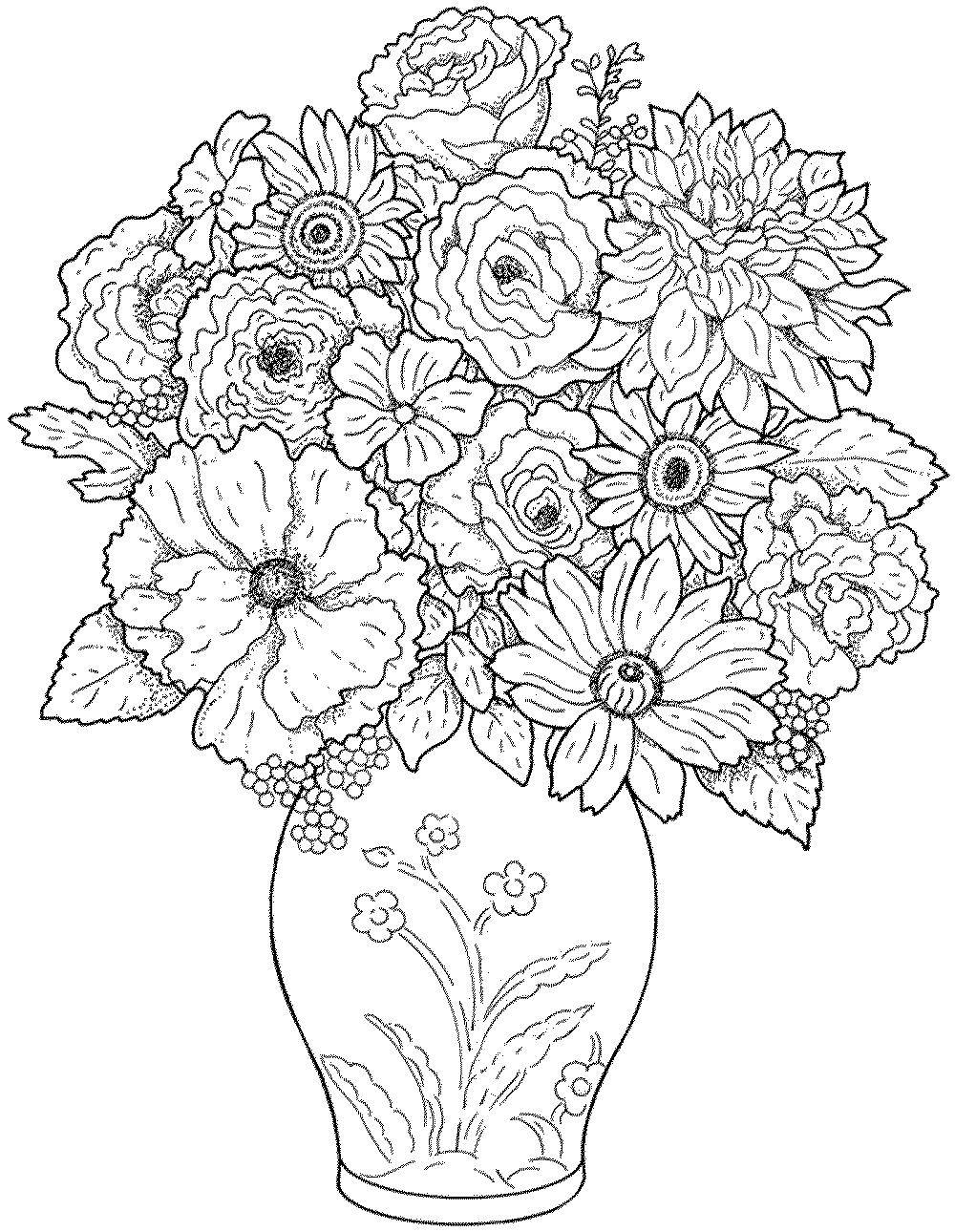 Название: Раскраска Ваза с чудесным букетом цветом. Категория: цветы. Теги: Цветы, букет, ваза.