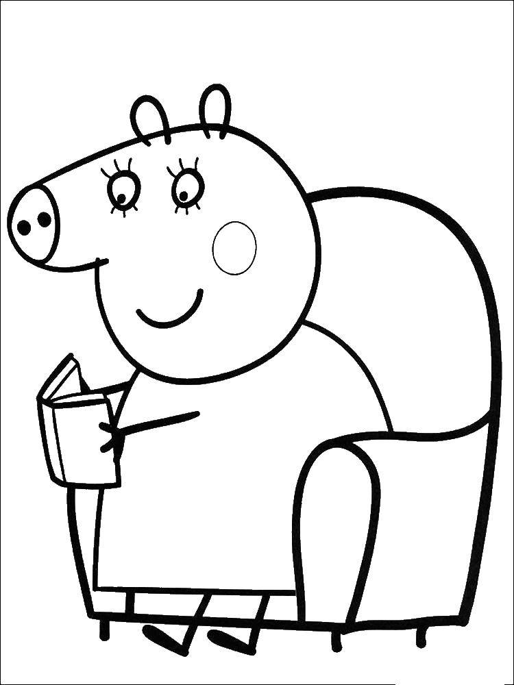 Название: Раскраска Мама свинка читает книгу. Категория: мультики. Теги: свинка пепа.