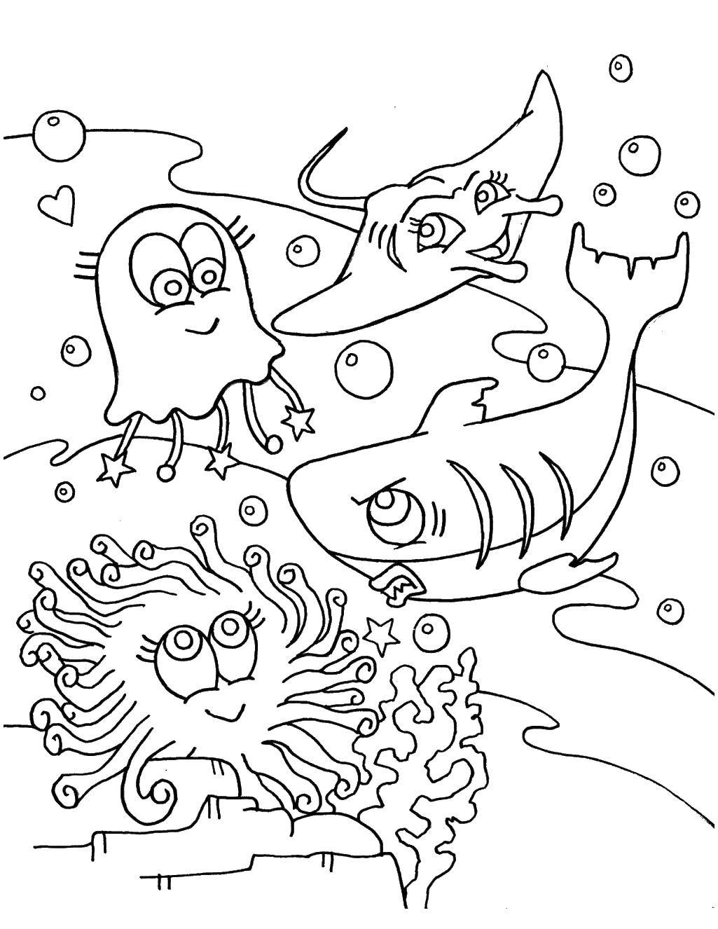 Название: Раскраска Медуза влюбилась в акулу. Категория: Морские животные. Теги: Подводный мир, рыба.