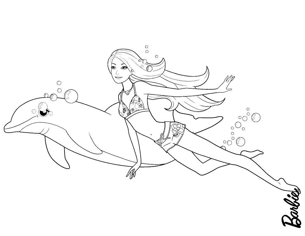 Название: Раскраска Барби плавает с дельфином. Категория: мультики. Теги: барби.