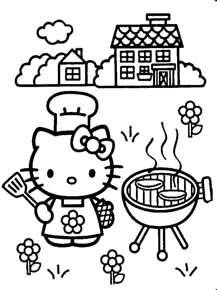 Coloring Kitty cooking a barbecue. Category cartoons. Tags:  kitty .