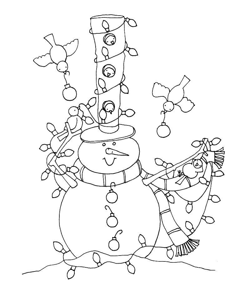 Название: Раскраска Птички украшают снеговика. Категория: снеговик. Теги: Снеговик, снег, зима.