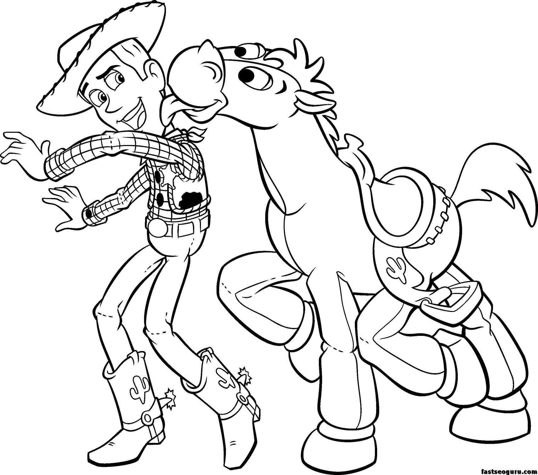 Розмальовки  Шериф вуді з конем. Завантажити розмальовку Персонаж з мультфільму, Історія іграшок .  Роздрукувати ,розмальовки,