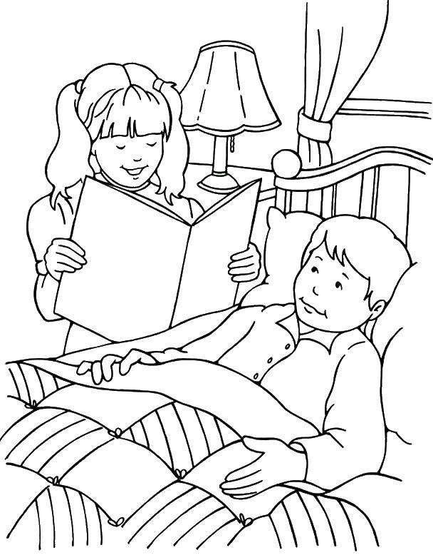 Розмальовки  Дівчинка читає книгу хлопчику. Завантажити розмальовку дівчинка, хлопчик.  Роздрукувати ,людина,