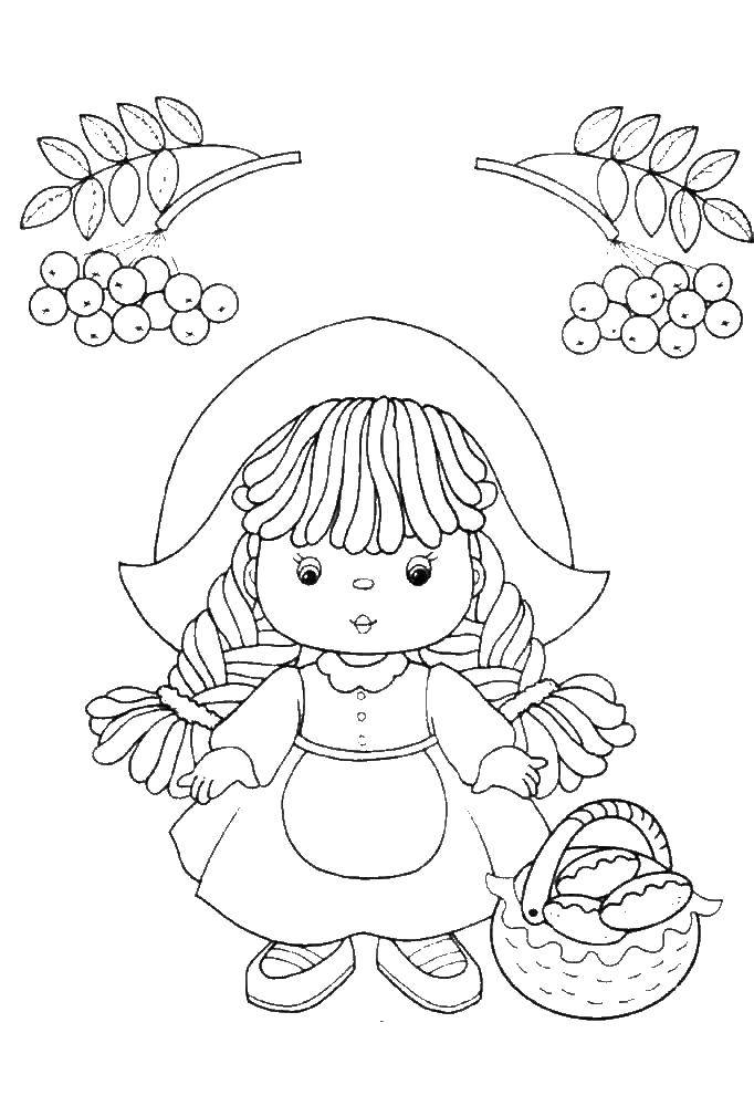 Coloring Little red riding hood with pies. Category Fairy tales. Tags:  Red riding hood, cakes.