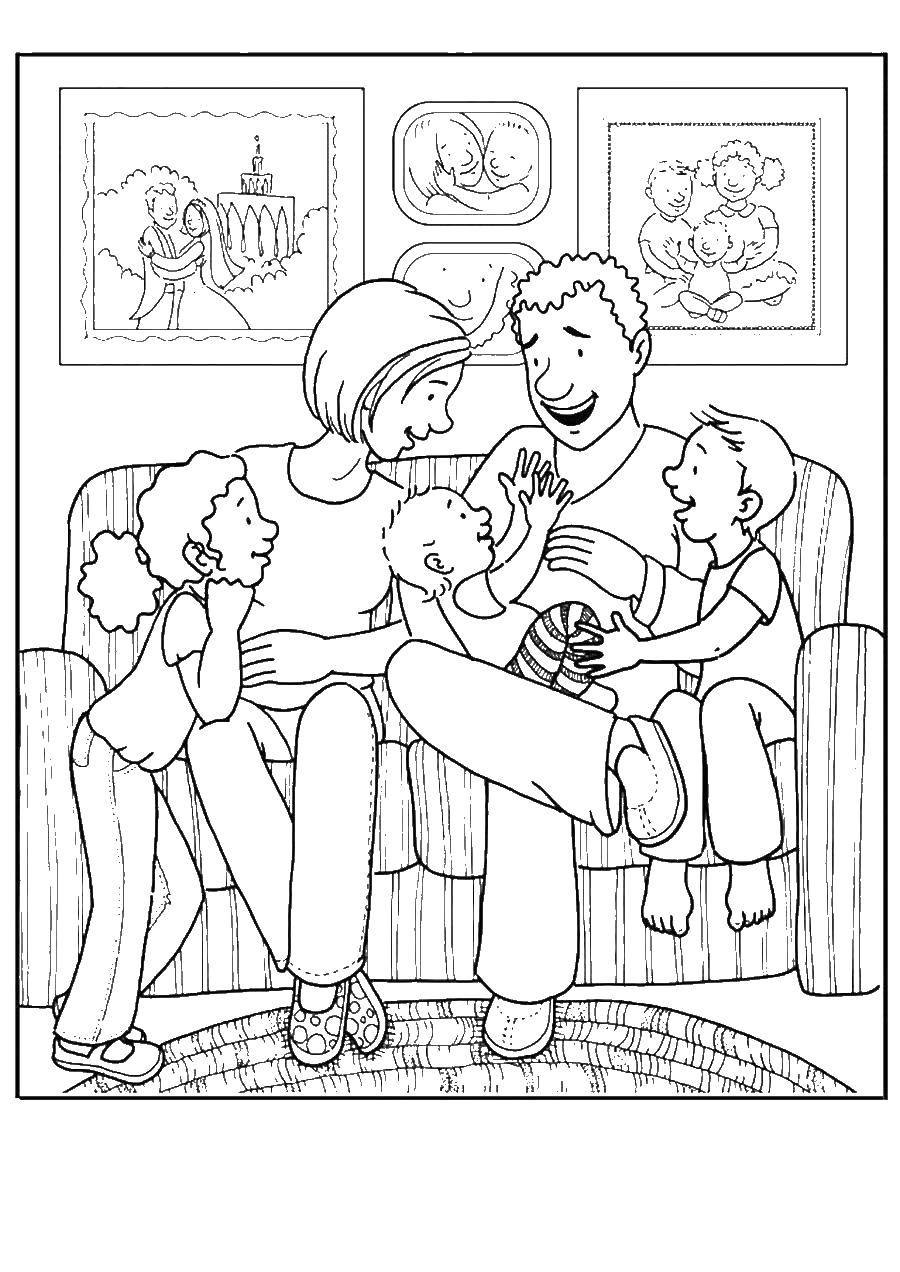 Coloring Family sitting on sofa. Category Family. Tags:  Family, sofa.