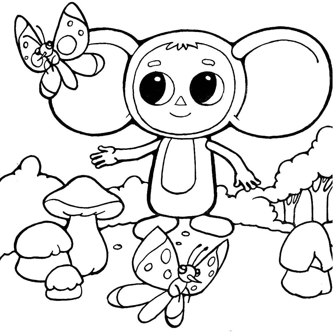 Название: Раскраска Чебурашка с бабочками. Категория: мультики. Теги: чебурашка.