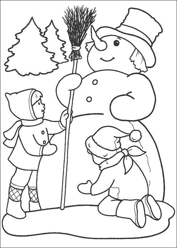 Название: Раскраска Дети лепят снеговика. Категория: снеговик. Теги: Снеговик, снег, веселье, дети.