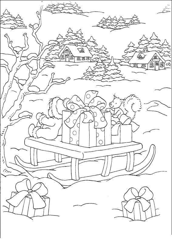 Название: Раскраска Сани с подарками. Категория: зима. Теги: Зима, лес, веселье, снег.