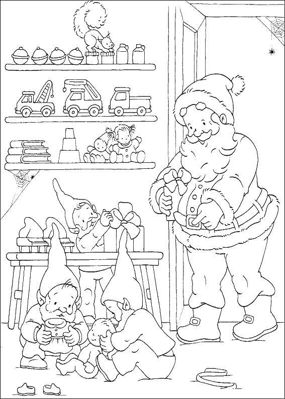 Название: Раскраска Санта клаусы готовят подарки. Категория: раскраски для маленьких. Теги: санта, игрушки.