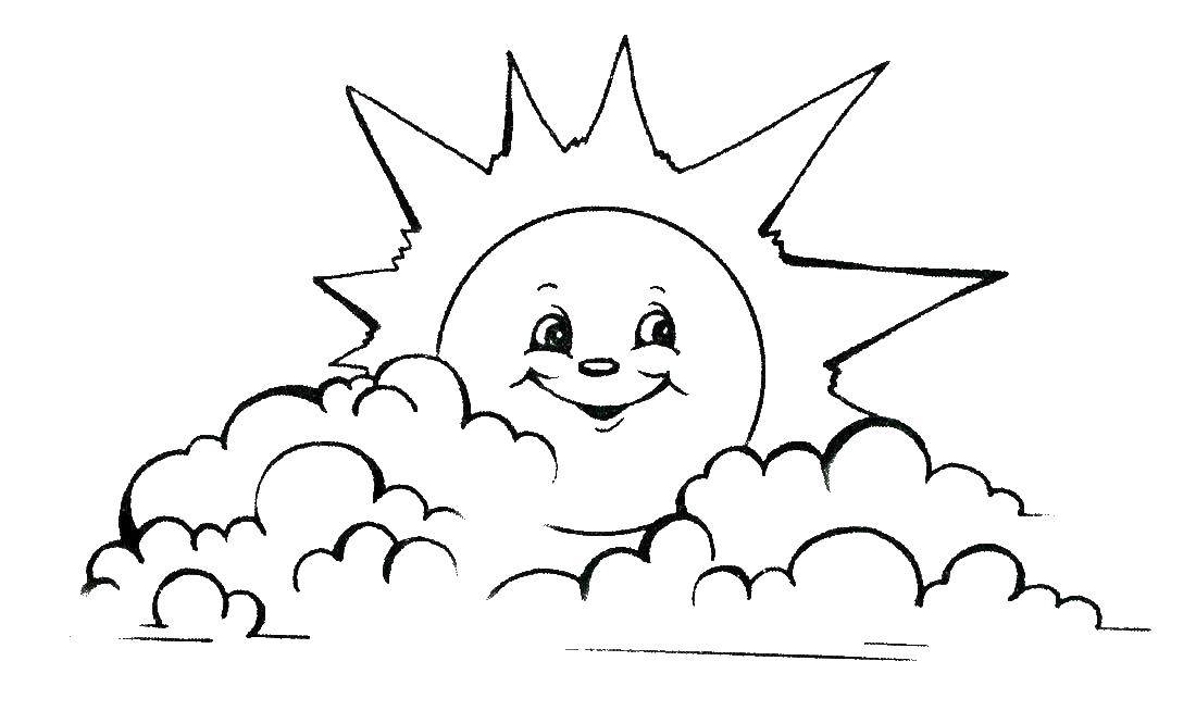 Coloring The sun peeks from the clouds. Category Coloring pages for kids. Tags:  Sun, rays, joy.