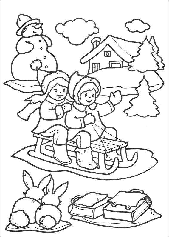 Coloring Sledding. Category winter. Tags:  Winter, children, snow, fun.