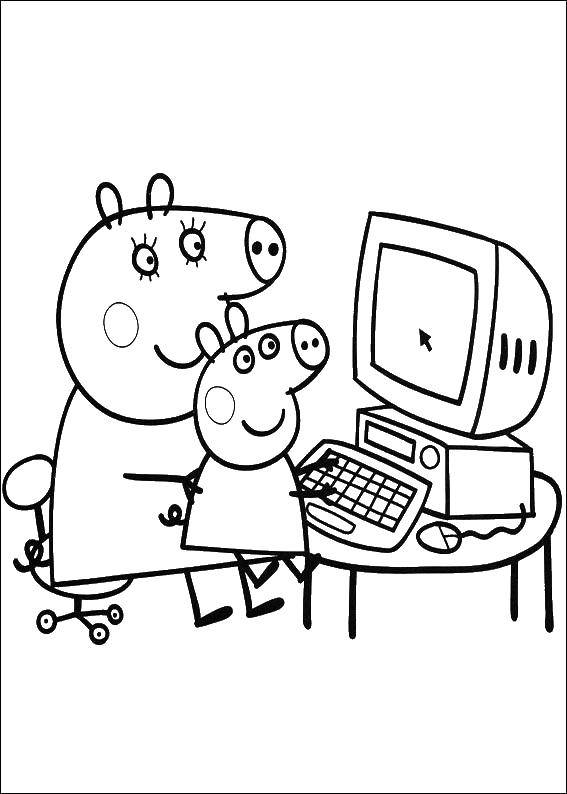 Coloring Mom and pig in front of the computer. Category Characters cartoon. Tags:  computer , mumps.