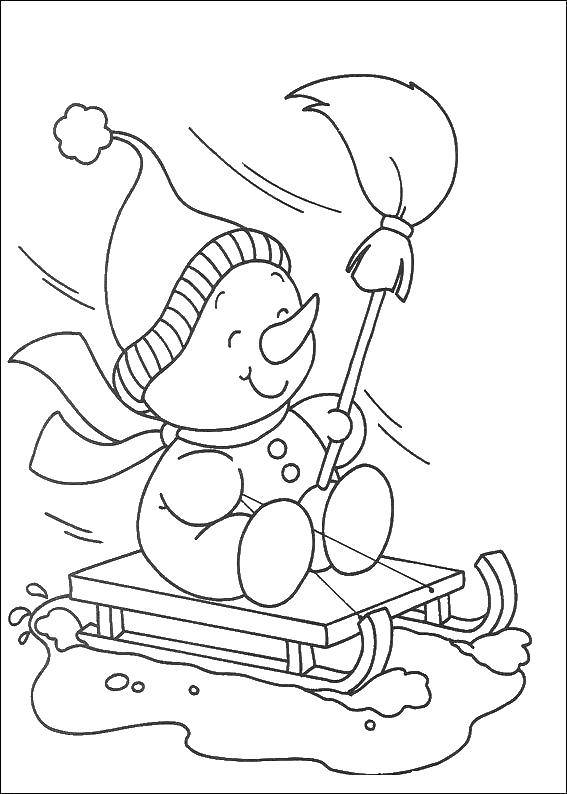 Coloring Snowman on a sled. Category snowman. Tags:  Snowman, snow, winter.