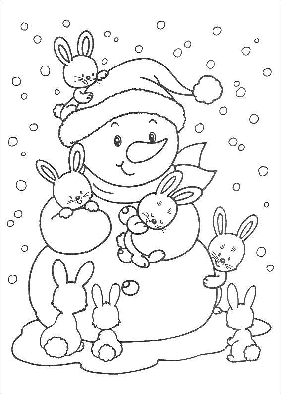 Coloring Snowman with leverets. Category snowman. Tags:  Snowman, snow, fun, children.