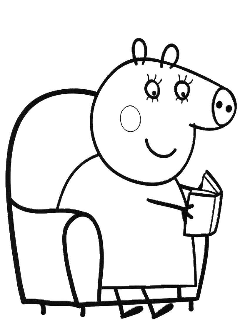 Название: Раскраска Свинка читает. Категория: Персонаж из мультфильма. Теги: книжка, свинка.