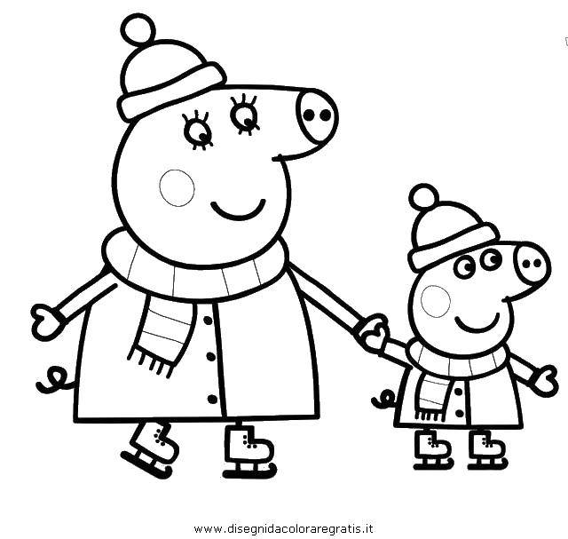 Название: Раскраска Свинка с матерью на коньках. Категория: Персонажи из мультфильма. Теги: коньки, свинки.