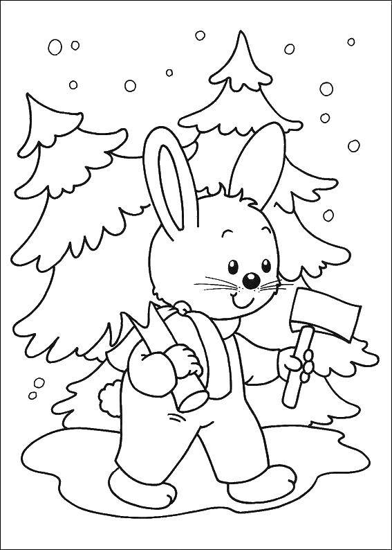 Название: Раскраска Зайчик с ёлочками. Категория: зима. Теги: Зима, лес, зайчик.