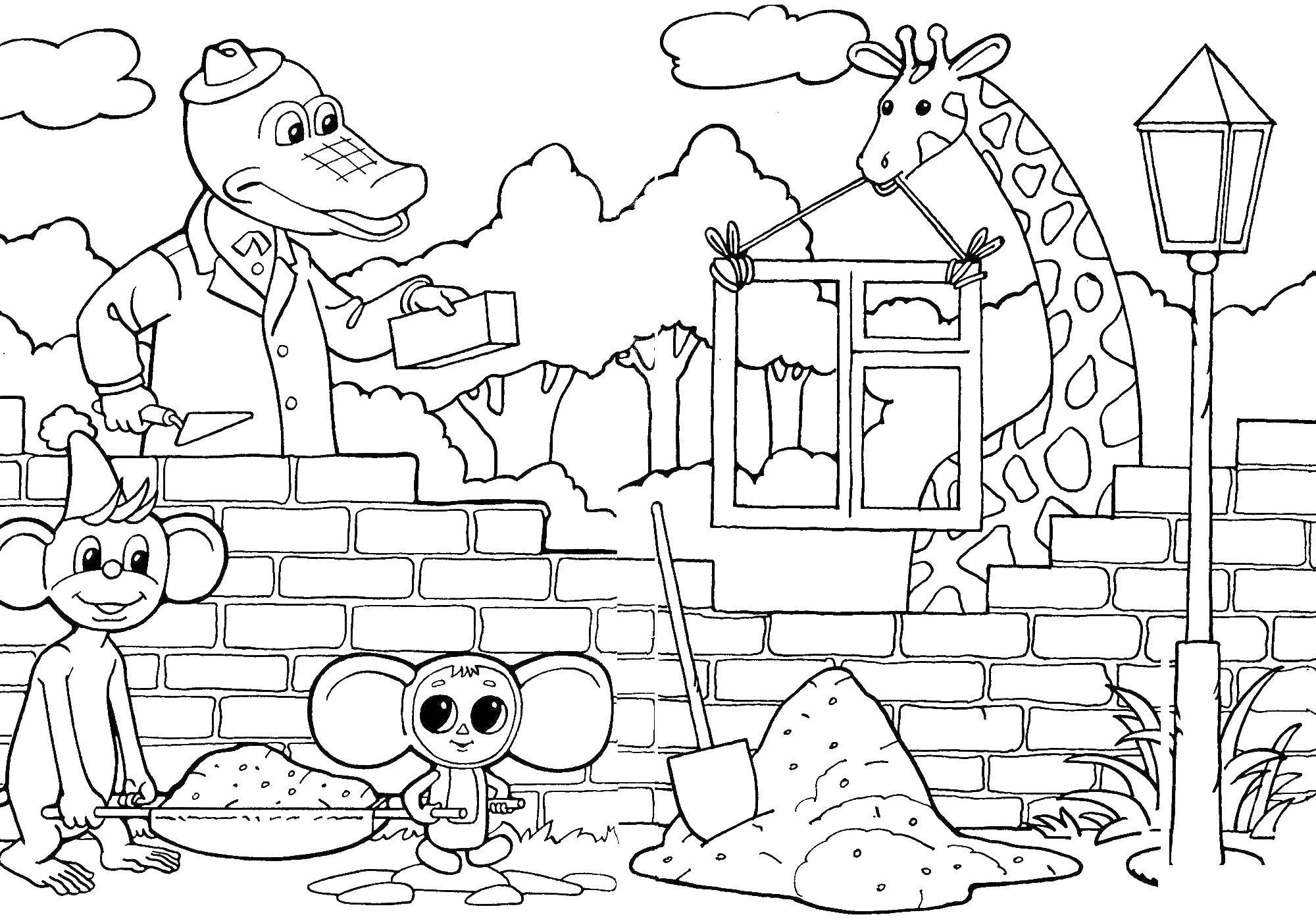 Coloring Crocodile Gena builds with friends. Category cartoons. Tags:  Crocodile.