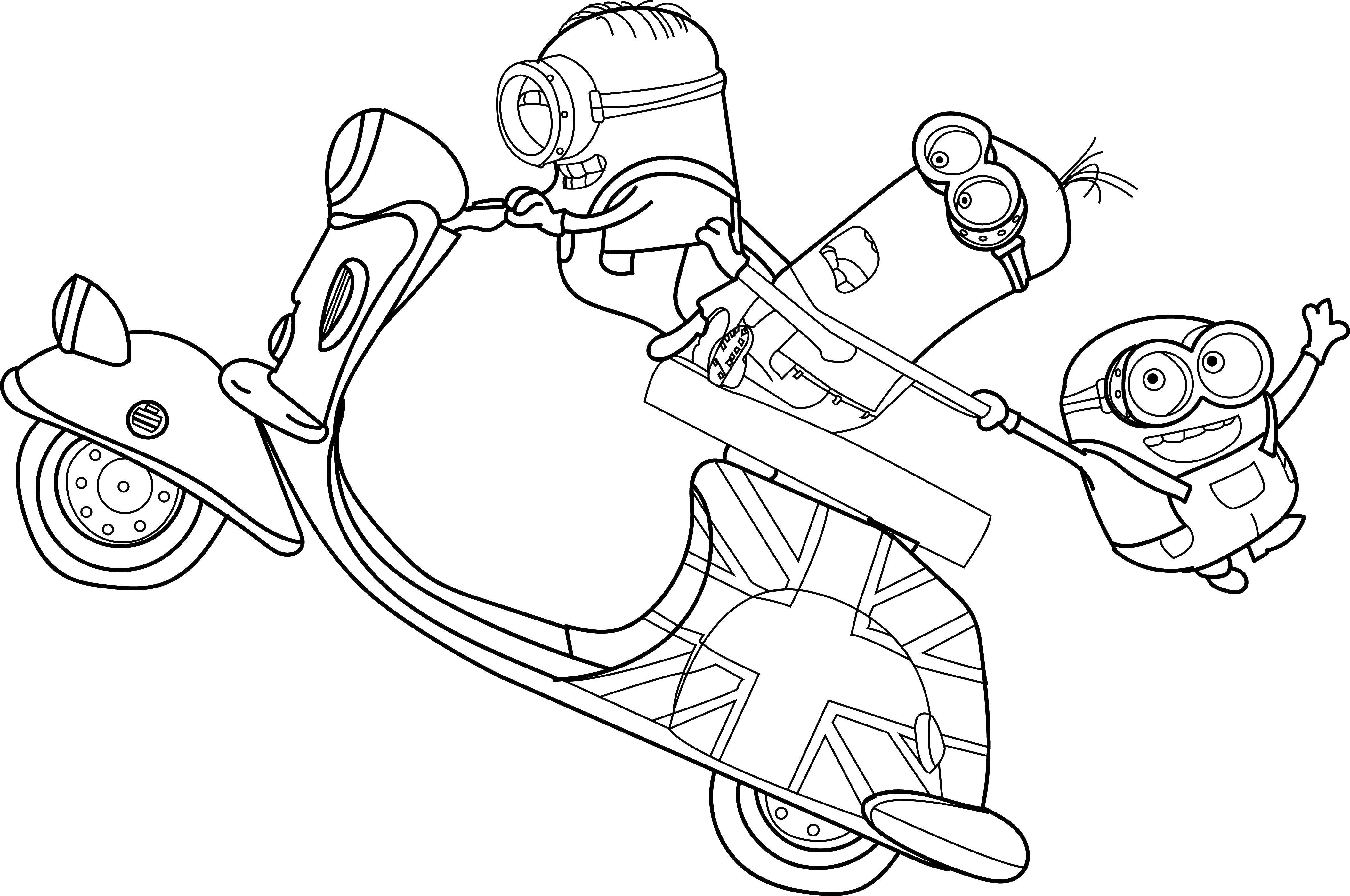 Название: Раскраска Миньоны на скутере. Категория: миньоны. Теги: миньон, скутер.