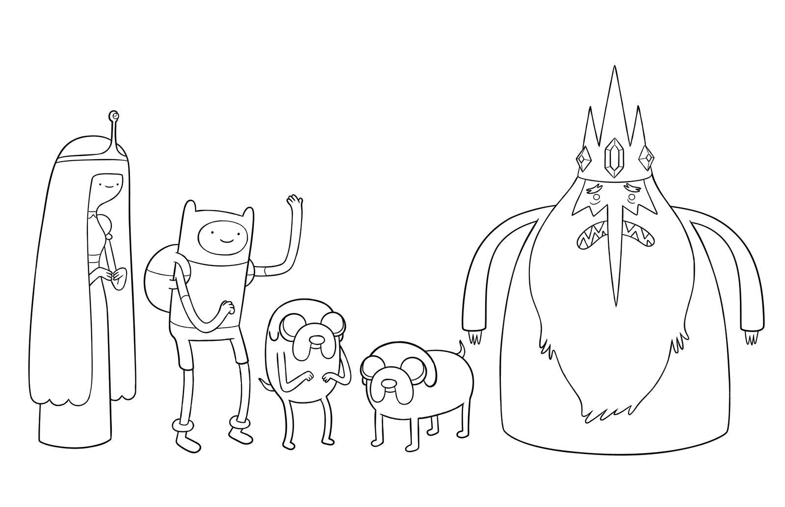 Coloring Princess bubblegum, Finn, Jake and ice king. Category adventure time. Tags:  The character from the cartoon, Adventure Time.