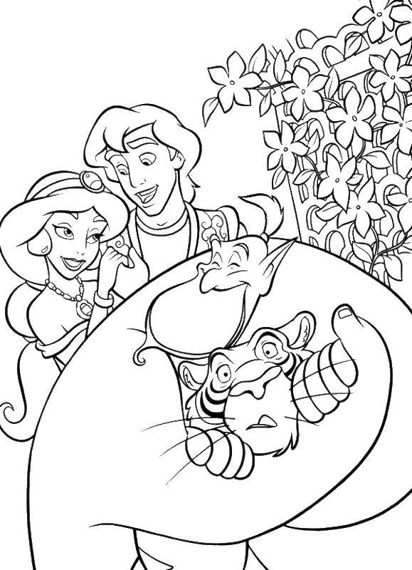 Название: Раскраска Алладин и принцесса шахерезада джин тигр. Категория: Персонажи из сказок. Теги: алладин, принцесса Шахерезада, джин.