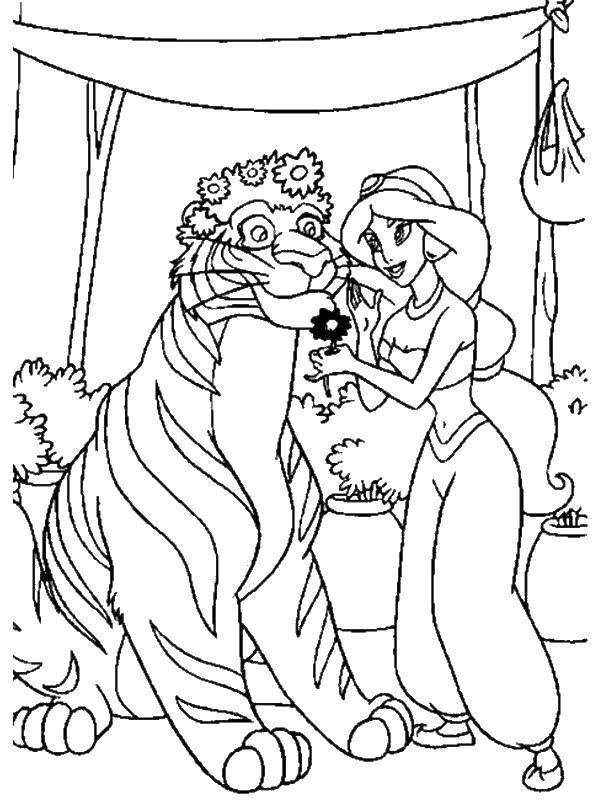 Название: Раскраска Жасмин и тигр. Категория: Диснеевские мультфильмы. Теги: Жасмин, принцесса.
