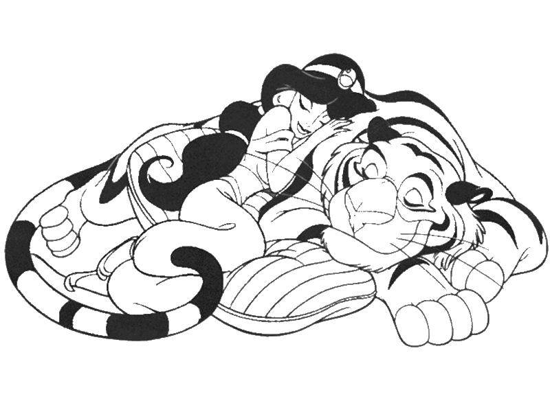 Coloring Jasmine hugs tiger. Category Disney cartoons. Tags:  Jasmine, Princess.