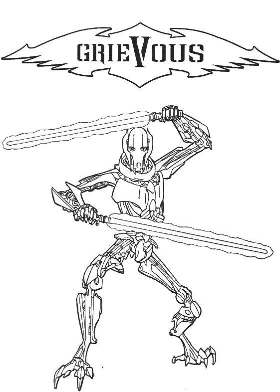 Розмальовки  Бойовий робот зі світловими мечами. Завантажити розмальовку світловий меч.  Роздрукувати ,зоряні війни кораблі,