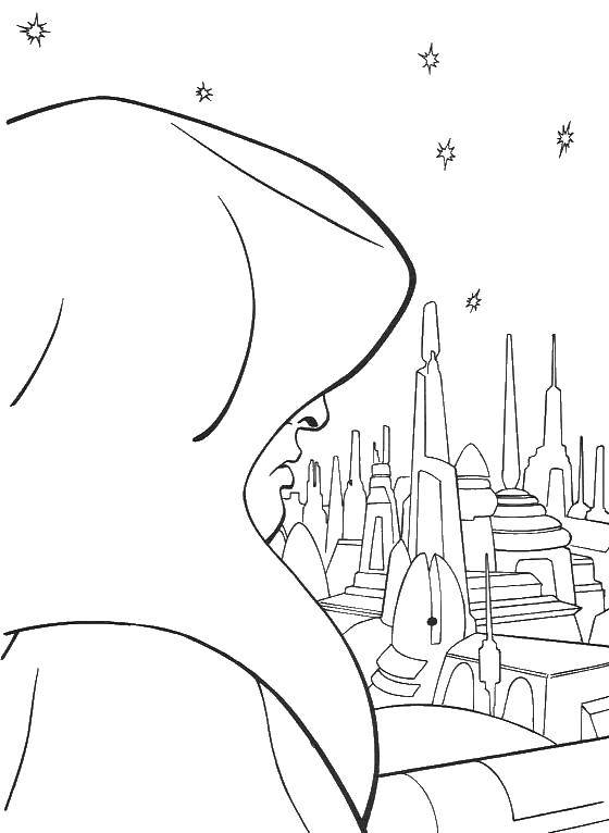 Название: Раскраска Джедай в космическом городе. Категория: звездные войны корабли. Теги: джедай, город.