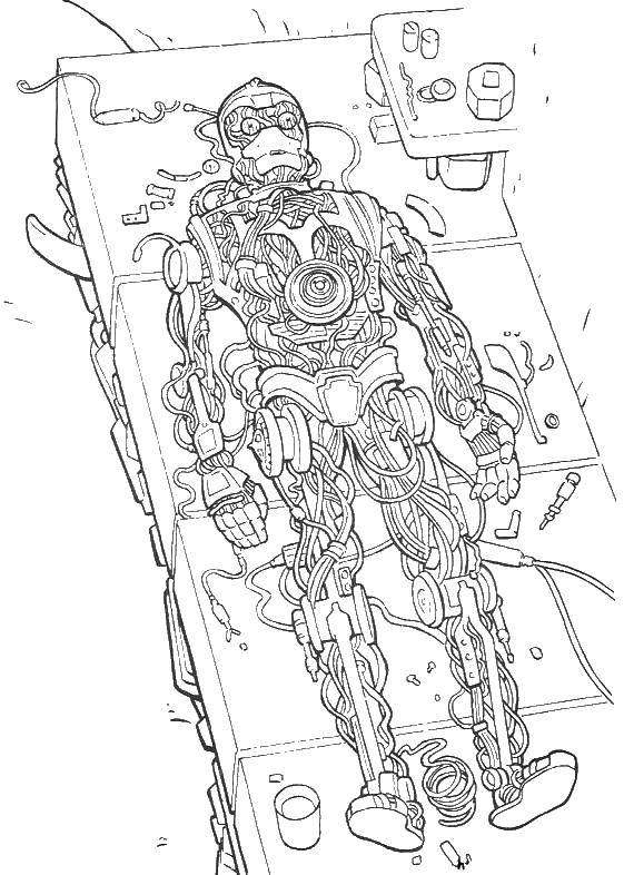 Название: Раскраска Робот в ремонте. Категория: звездные войны корабли. Теги: роботы.