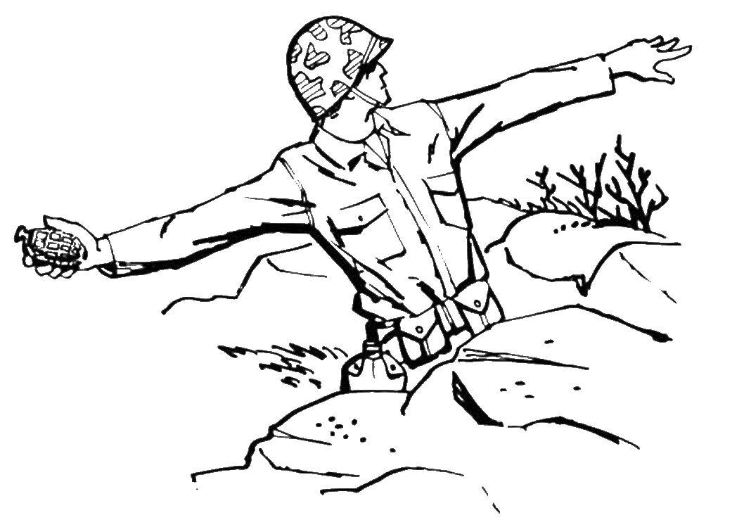 Coloring A soldier throws a grenade. Category military. Tags:  soldier, war, trench.
