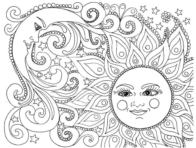 Розмальовки  Сонце і місяць день і ніч. Завантажити розмальовку сонце, місяць.  Роздрукувати ,розмальовки для дорослих,
