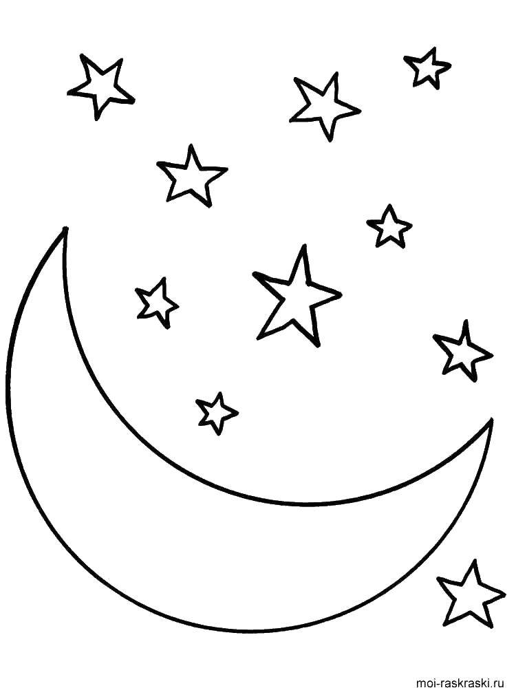 Название: Раскраска Луна и звезды. Категория: простые раскраски. Теги: луна, звезды.