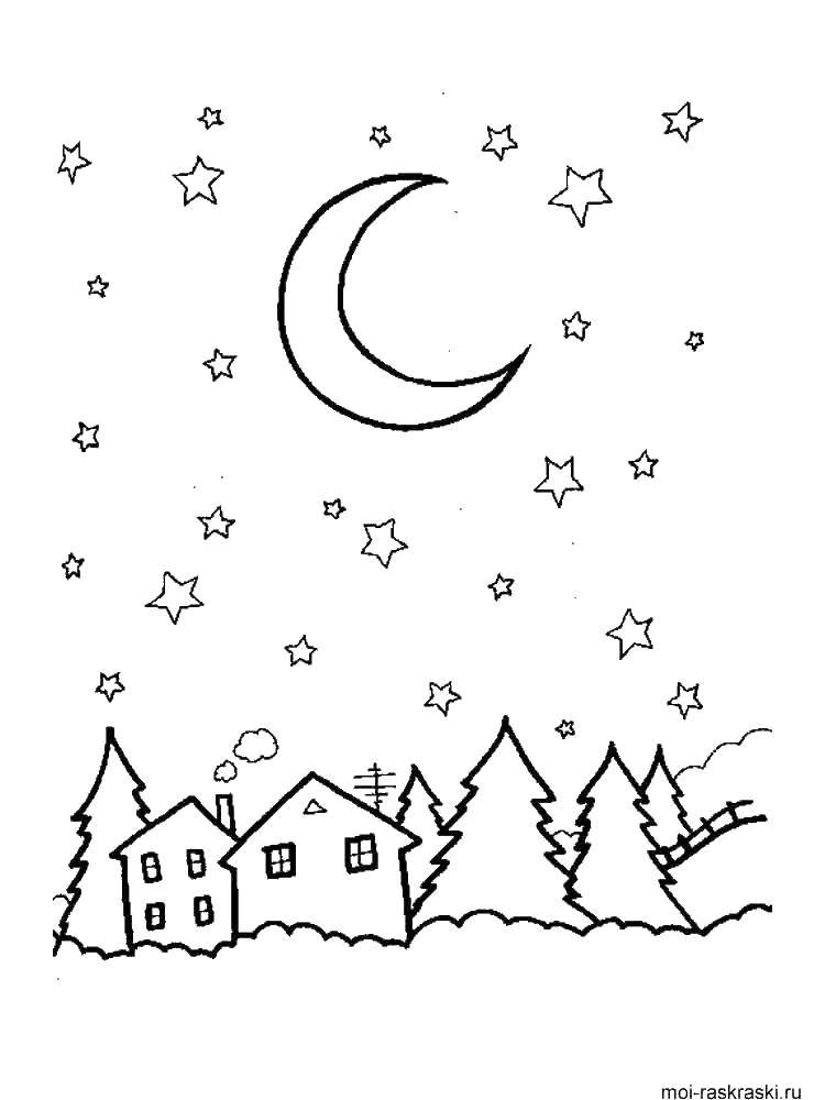 Название: Раскраска Луна и звезды. Категория: звезды. Теги: луна, звезды, дом, дерева.