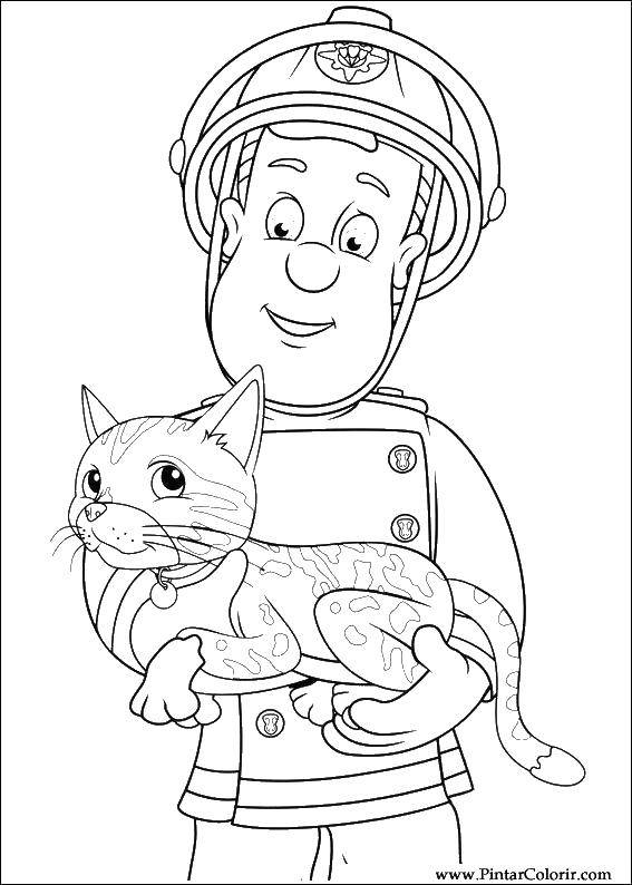 Coloring The fireman and cat. Category military coloring pages. Tags:  cat, firefighter.