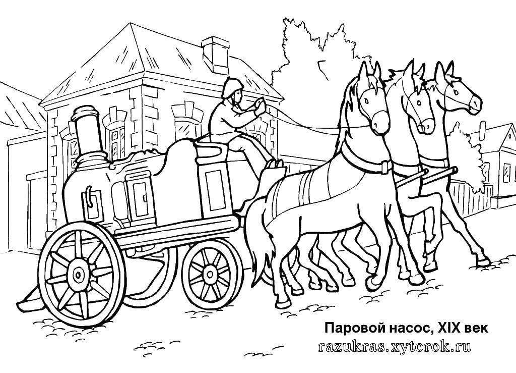 Coloring Firefighter and horse. Category military coloring pages. Tags:  fire fighter, horse, cart.