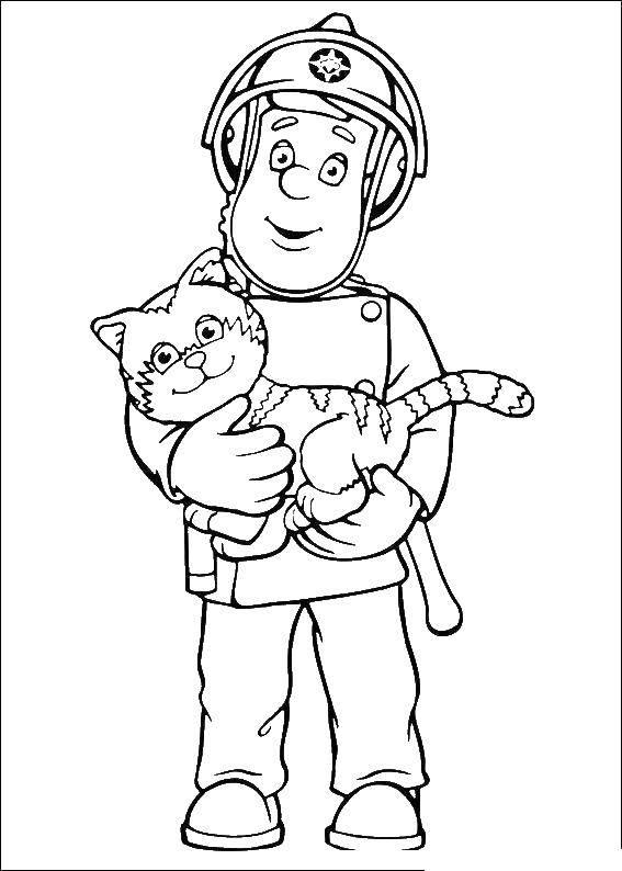 Coloring Fireman rescued the cat. Category coloring book firefighter. Tags:  cat, fire.
