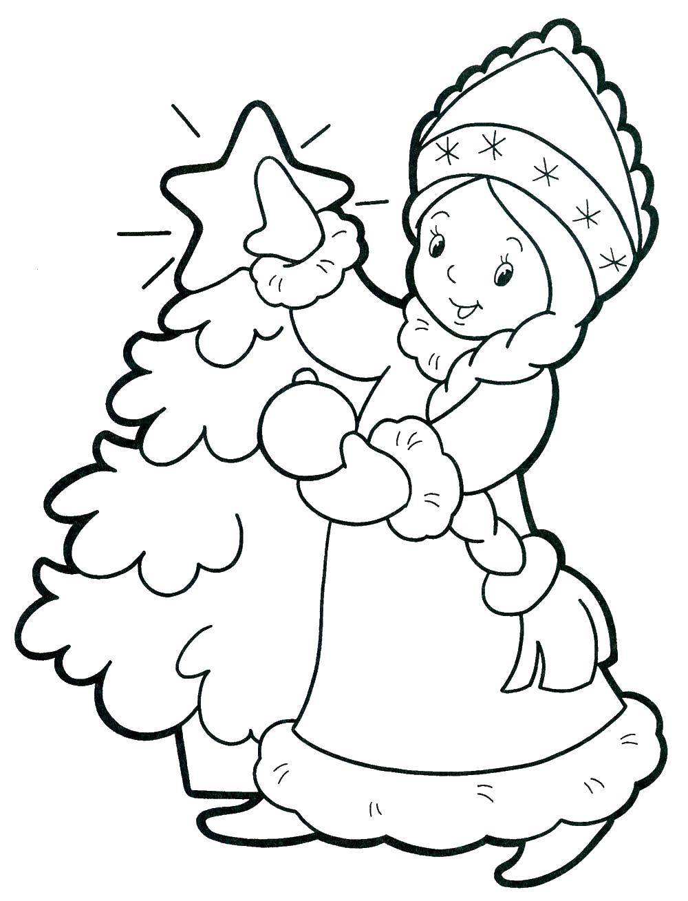Название: Раскраска Снегурочка наряжает елку. Категория: новый год. Теги: снегурочка.