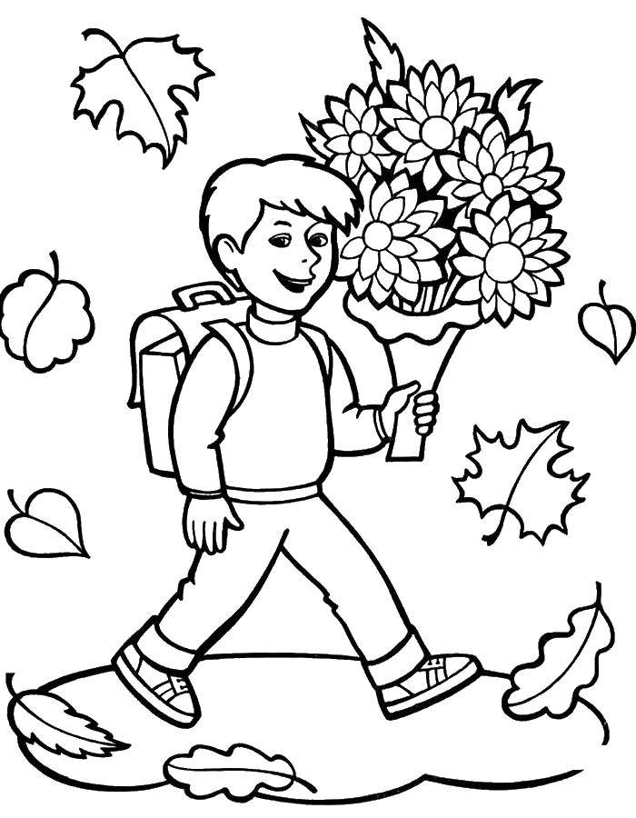 Розмальовки  Хлопчик йде з квітами на перший урок в школі. Завантажити розмальовку школа.  Роздрукувати ,перше вересня,